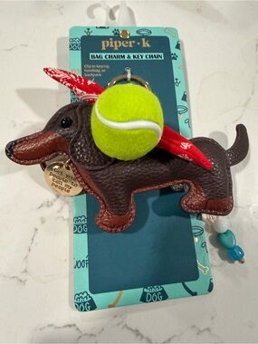 Piper·k Brown Dachshund Bag Charm with Neon Yellow Tennis Ball